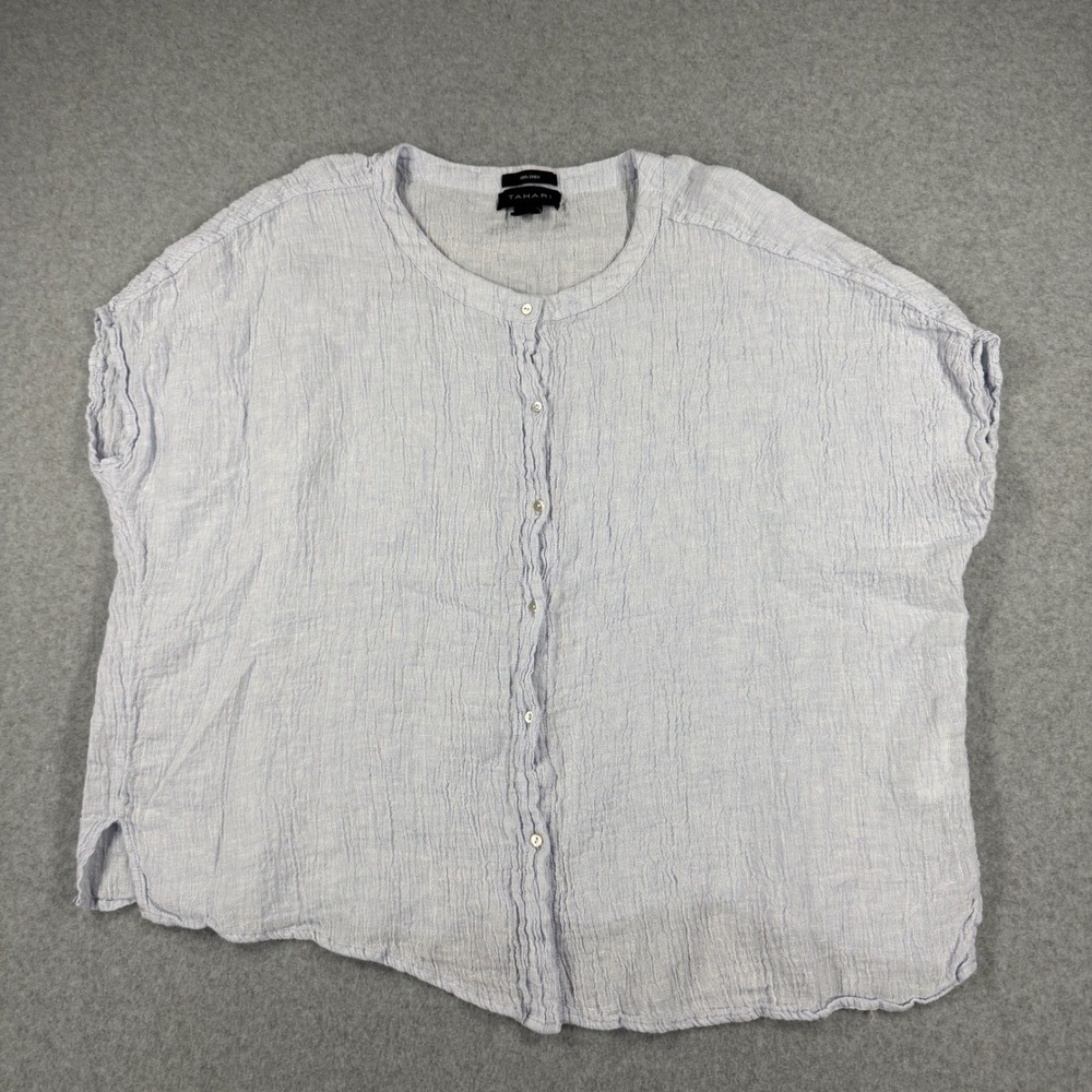 Tahari Linen Top Womens S Blue Button Down Short Sleeve Boxy Blouse Lagenlook